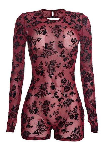 Floral Mesh Backless Long-Sleeve Romper Lavish Daily