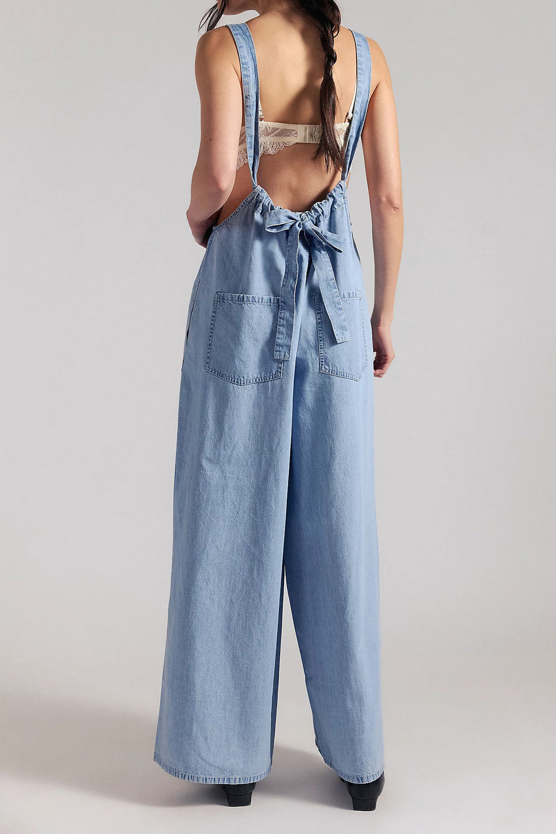 Slouchy Tie-Back Wide Leg Denim Jumpsuit Lavish Daily