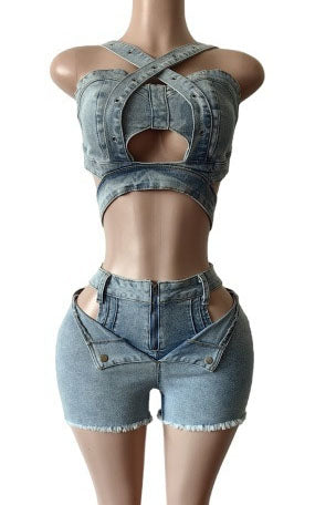 Denim Top & Cut Out Shorts Set Lavish Daily