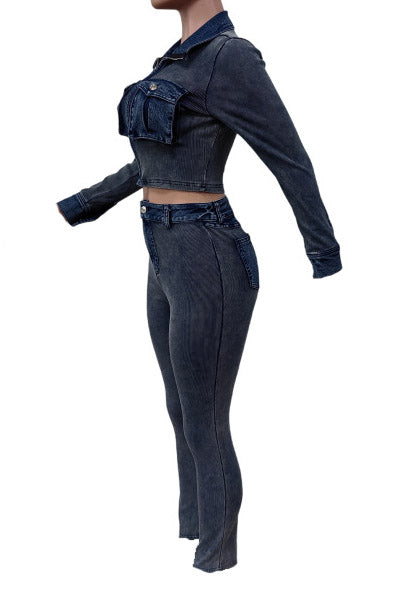 Ribbed Stretch Denim Two Piece Set Lavish Daily