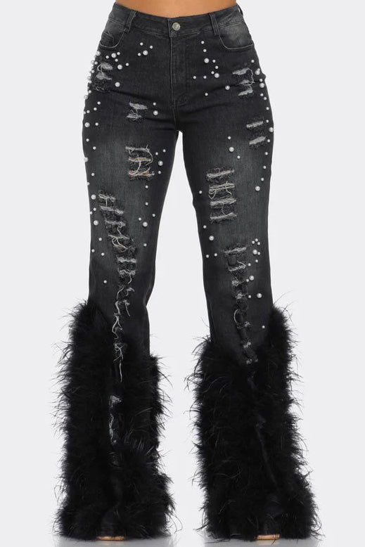 Feather Detail Ripped Denim Jeans Lavish Daily