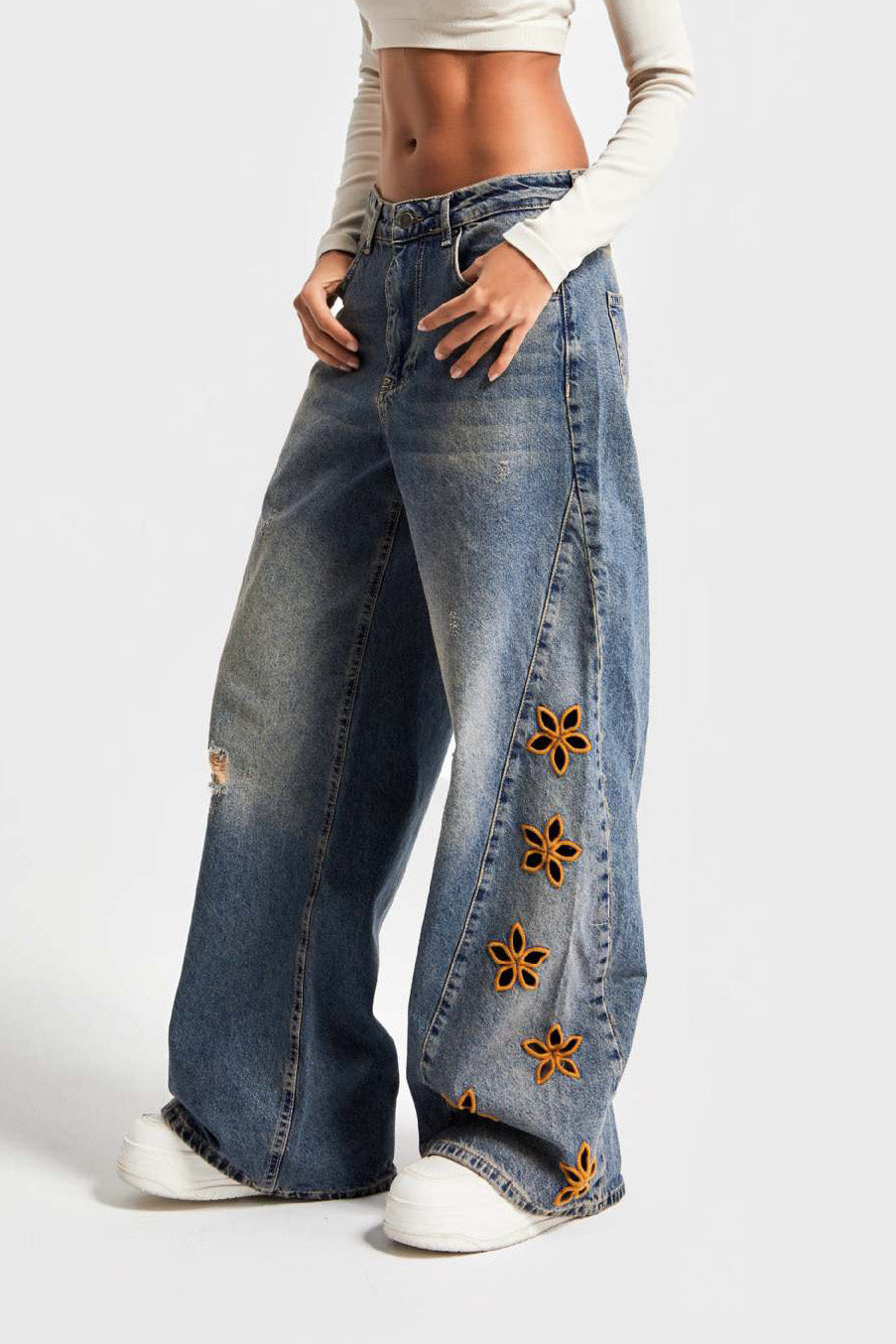 Wide Leg Floral Embroidered Denim Jeans Lavish Daily