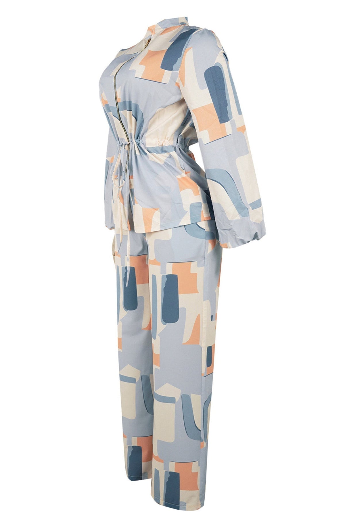 Printed Stand Collar Drawstring Waist 2-Piece Set Lavish Daily