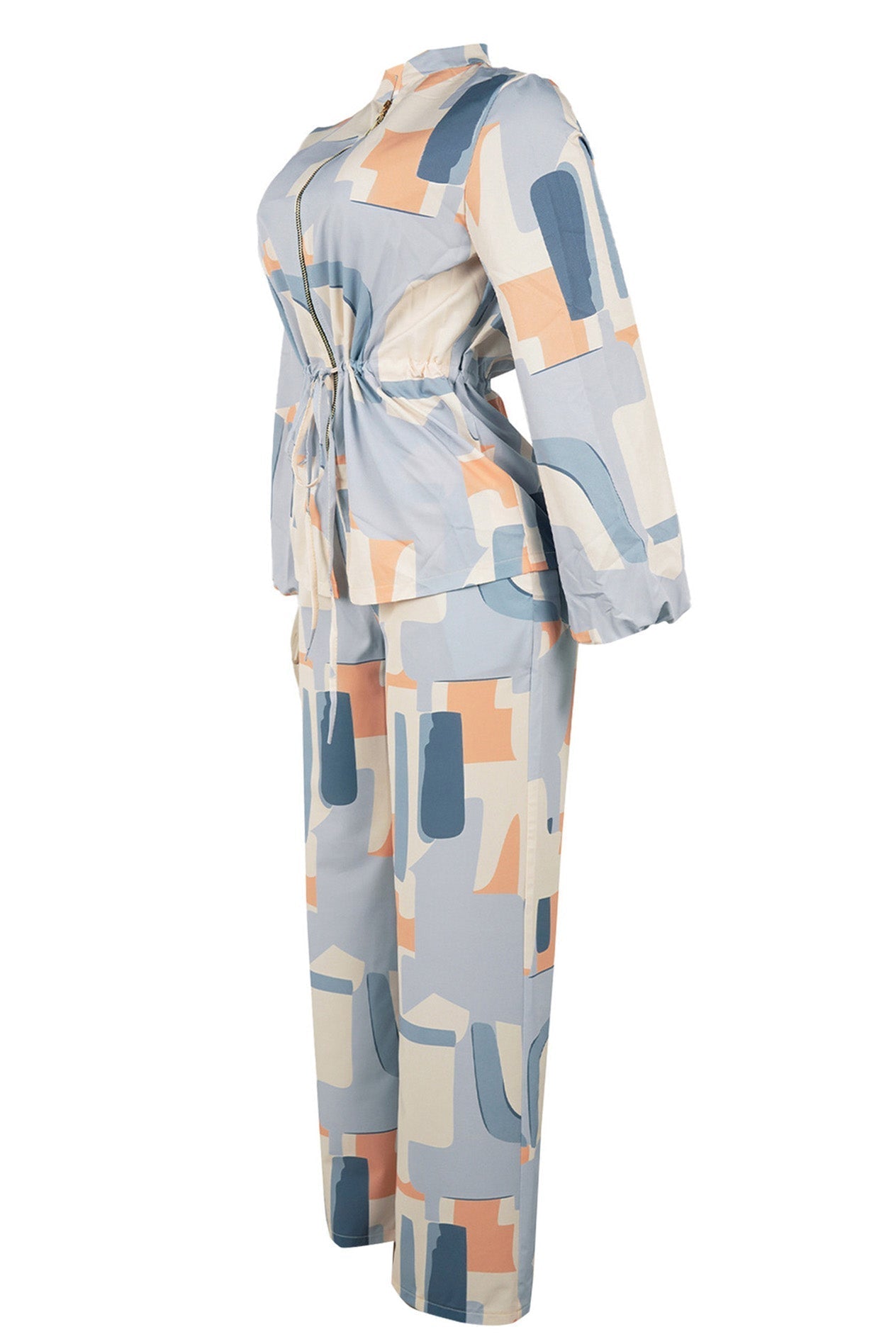 Printed Stand Collar Drawstring Waist 2-Piece Set Lavish Daily