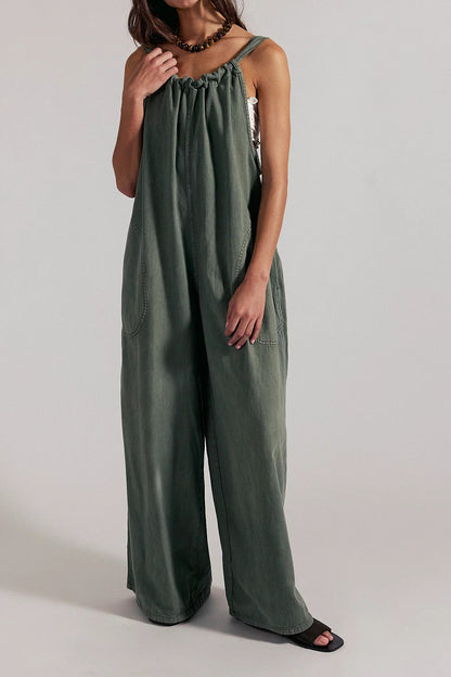 Slouchy Tie-Back Wide Leg Denim Jumpsuit Lavish Daily