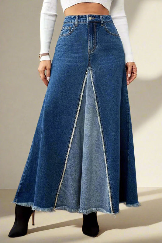 High Waist Denim Midi A-Line Skirt Lavish Daily