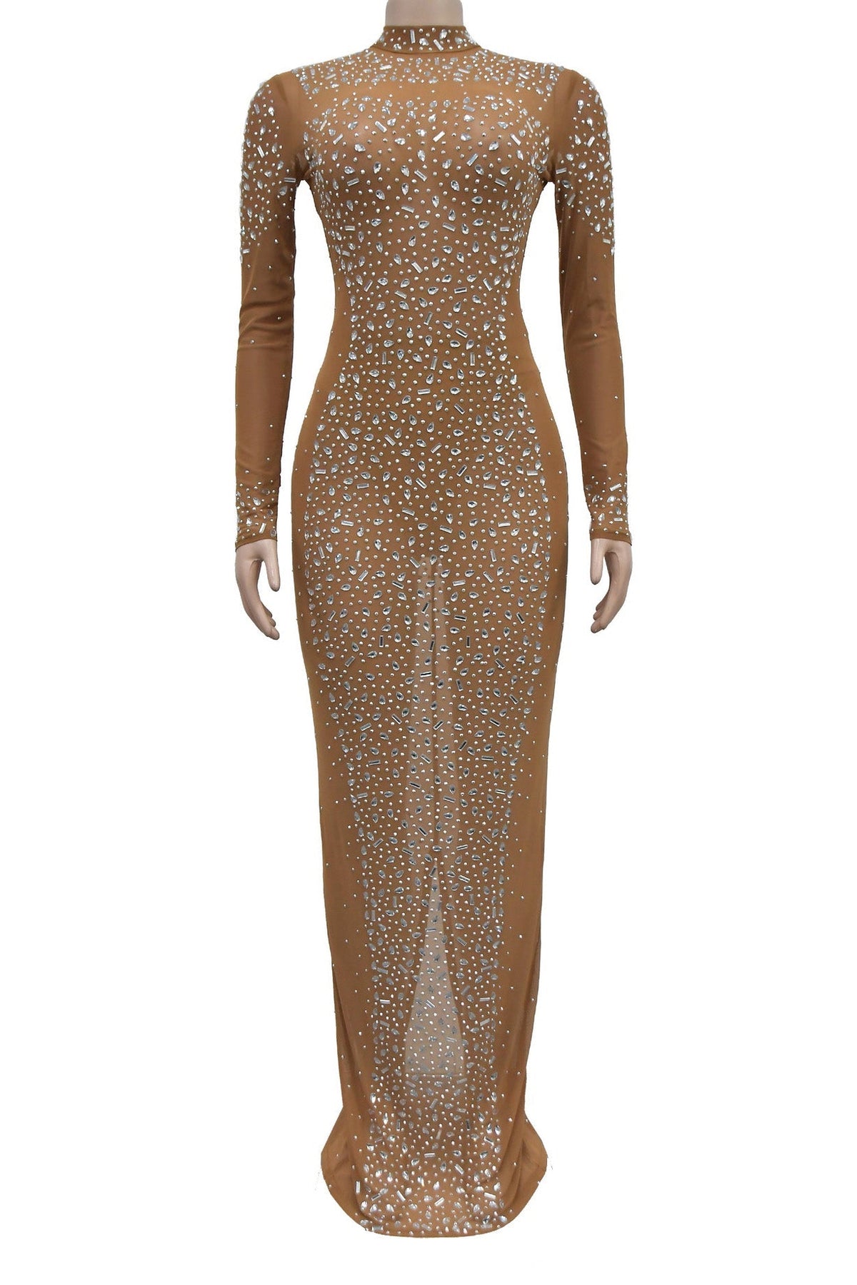 Mesh Rhinestone Long Sleeve Maxi Dress Lavish Daily