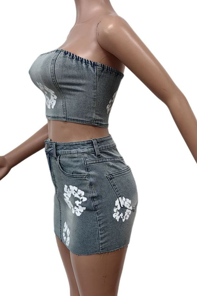 Printed Strapless Elastic Denim Skirt Set Lavish Daily