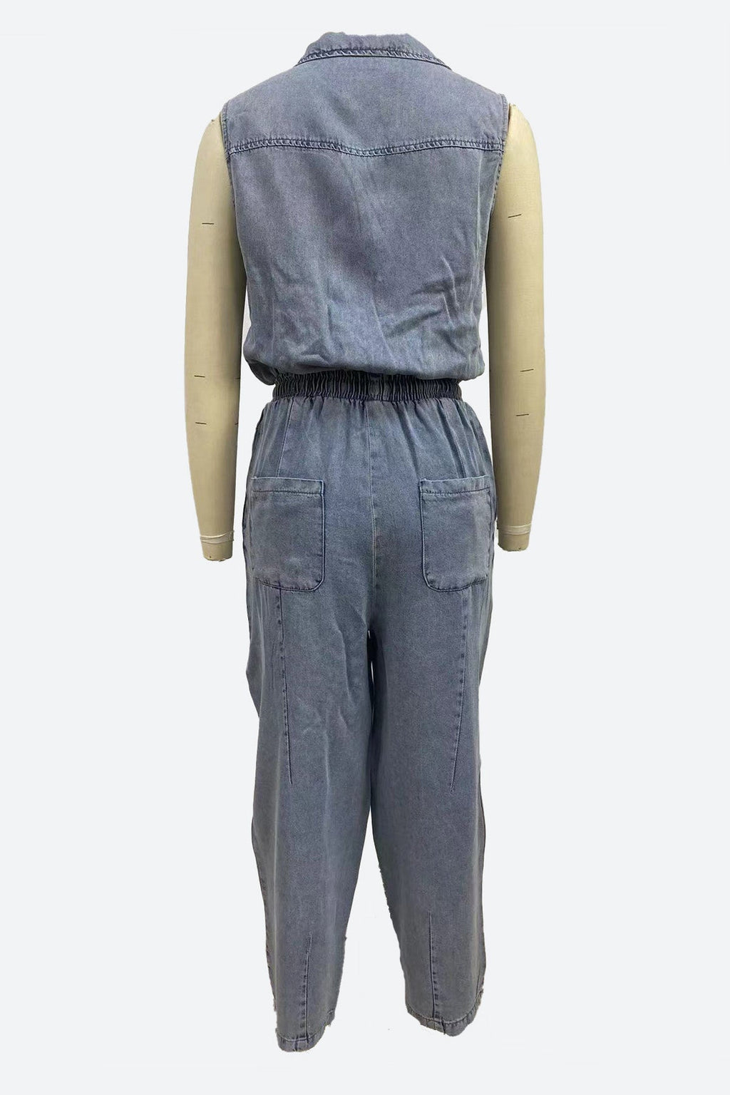 Sleeveless Drawstring Waist Washed Denim Jumpsuit Lavish Daily