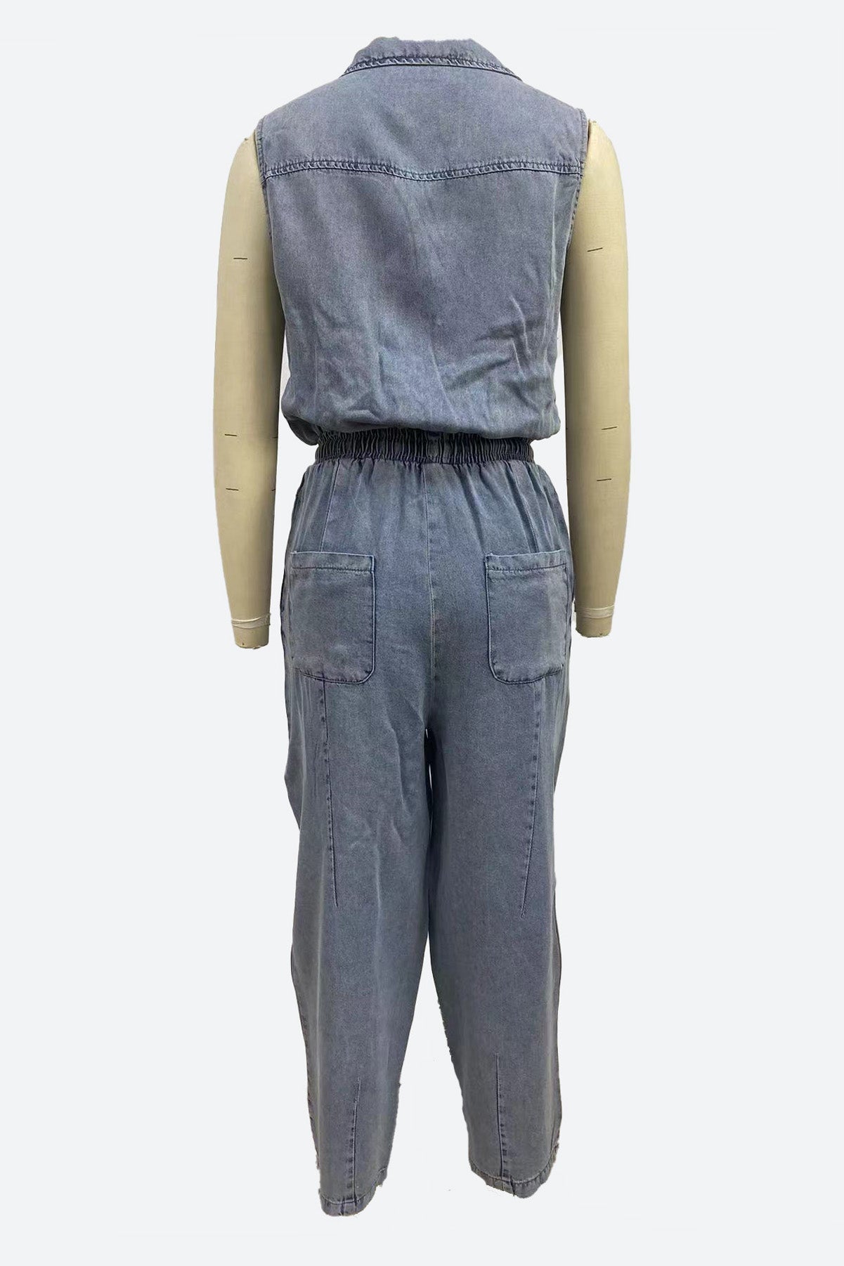 Sleeveless Drawstring Waist Washed Denim Jumpsuit Lavish Daily