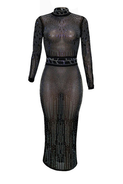 Rhinestone Mesh Illusion Two-Piece Maxi Set Lavish Daily