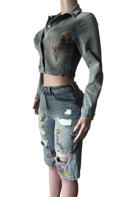 Embroidered Denim Top and Bermuda Shorts Set Lavish Daily
