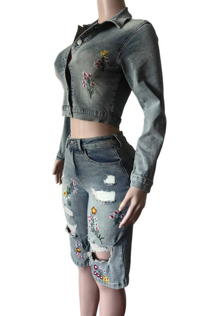 Embroidered Denim Top and Bermuda Shorts Set Lavish Daily