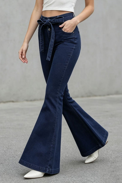 Medium Stretch High Rise Tie Belt Flare Jeans Lavish Daily