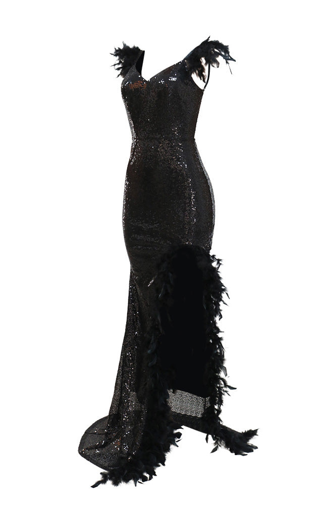 Feather Sequins Strap High Slit Dress Lavish Daily