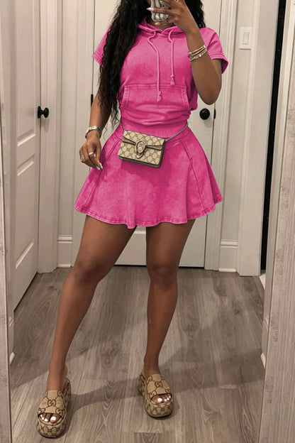 Mineral Wash Short Sleeve Hoodie & Skater Skirt Set Lavish Daily