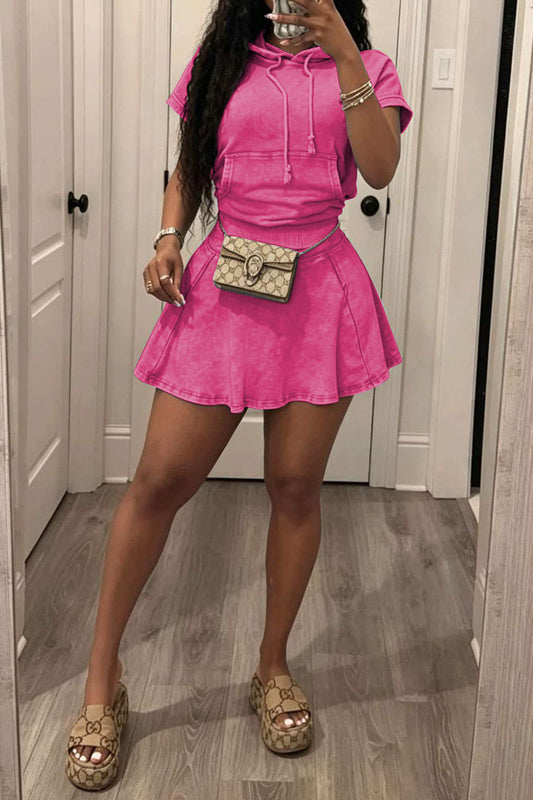 Mineral Wash Short Sleeve Hoodie & Skater Skirt Set Lavish Daily