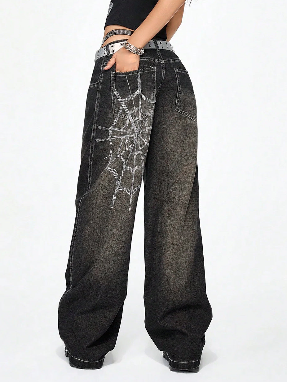 Distressed Rhinestone Spiderweb Jeans Lavish Daily