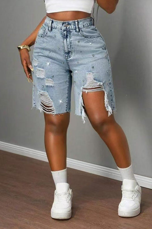 Rhinestone Distressed Denim Bermuda Shorts Lavish Daily