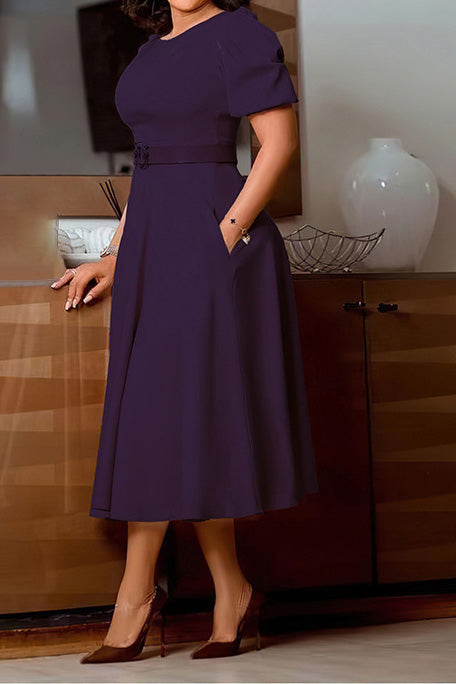 Puff-Sleeve Belted A-Line Midi Dress Lavish Daily