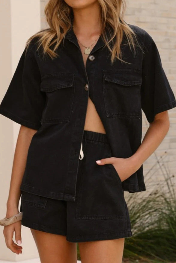 Loose Pocket Denim Shirt & Shorts Set Lavish Daily