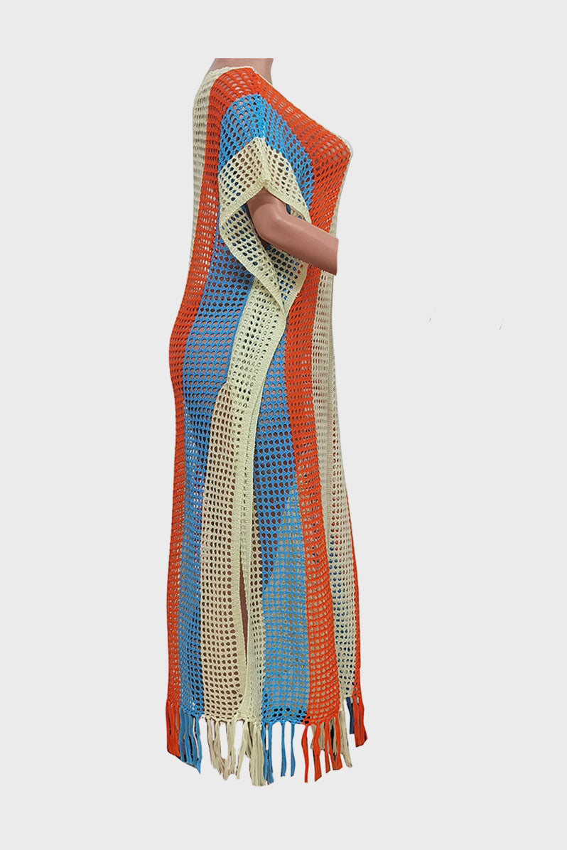 Colorblock V Neck Short Sleeve Split Cover Up Lavish Daily