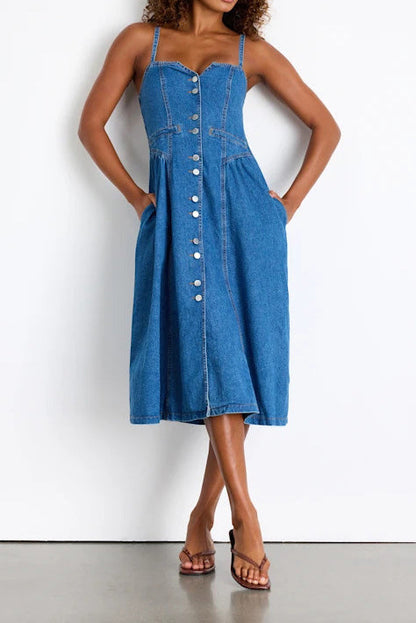 Button-Down Denim Midi Sundress with Pockets Lavish Daily
