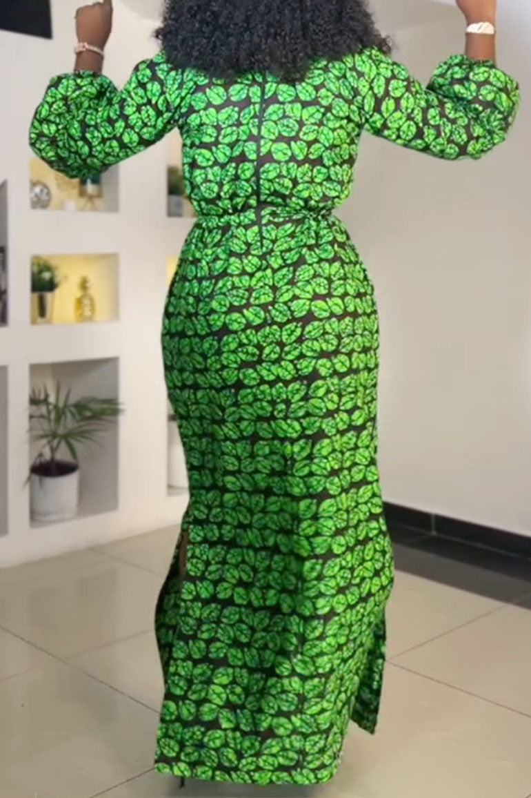 Print Slit V Neck Long Dresses Lavish Daily