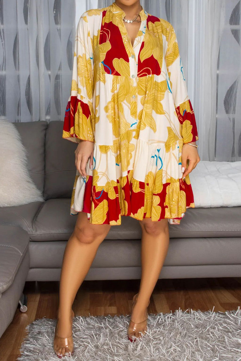 Floral Print V-Neck Colorblock Midi Dress Lavish Daily