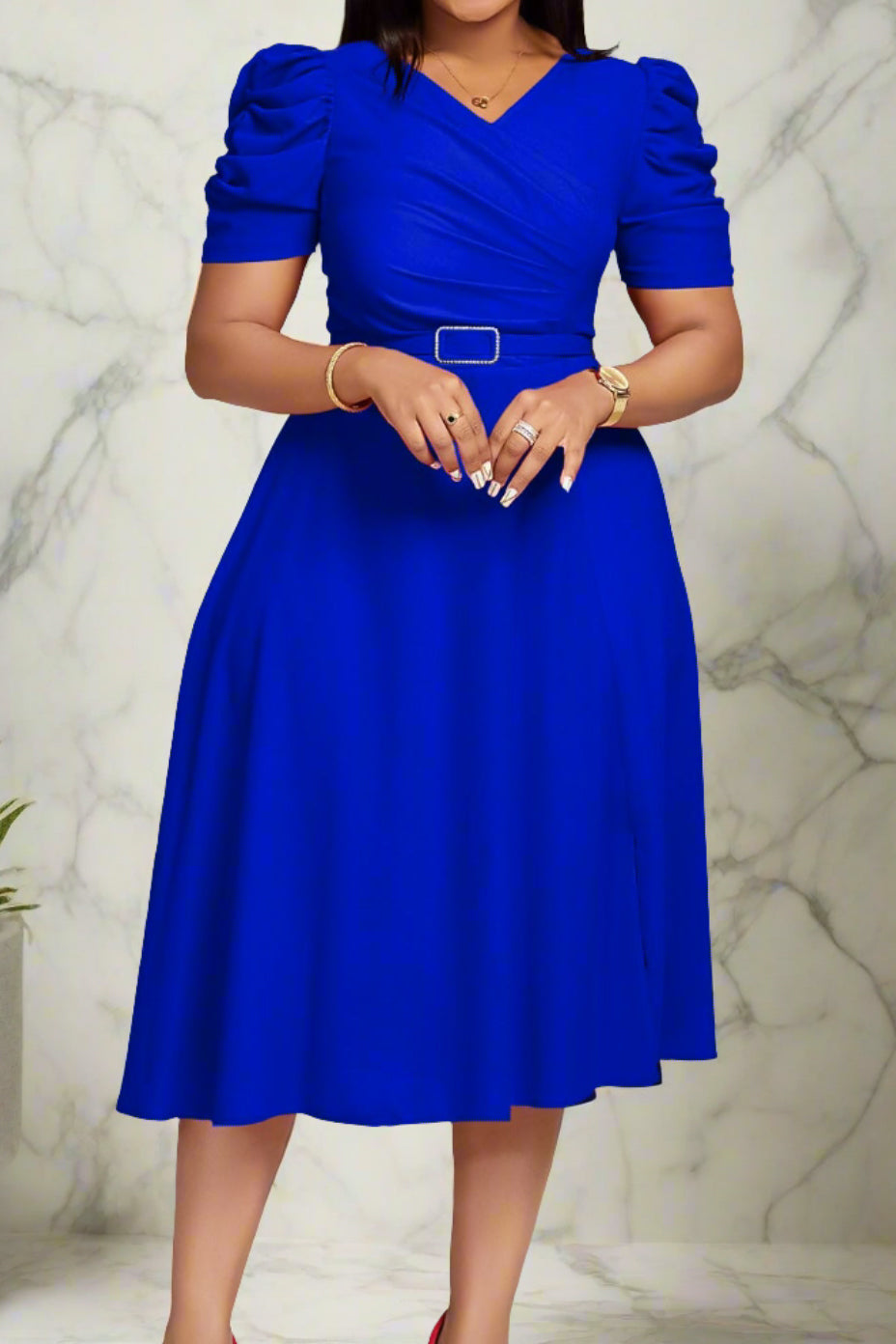 V Neck Short Puff Sleeves High Waist Midi Dress Lavish Daily