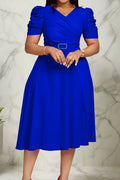 V Neck Short Puff Sleeves High Waist Midi Dress Lavish Daily