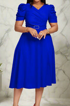 V Neck Short Puff Sleeves High Waist Midi Dress Lavish Daily