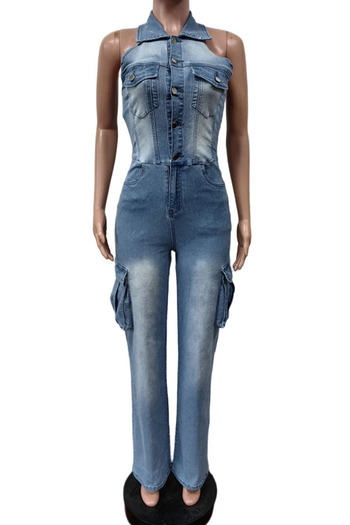 Multi Pocket Denim Halter Backless Jumpsuits Lavish Daily