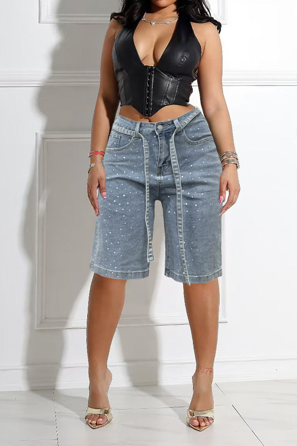 Loose Fit Denim Capri Pants with Rhinestones Lavish Daily