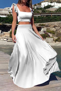 Elastic Solid Color Long Dress Two-Piece Set Lavish Daily