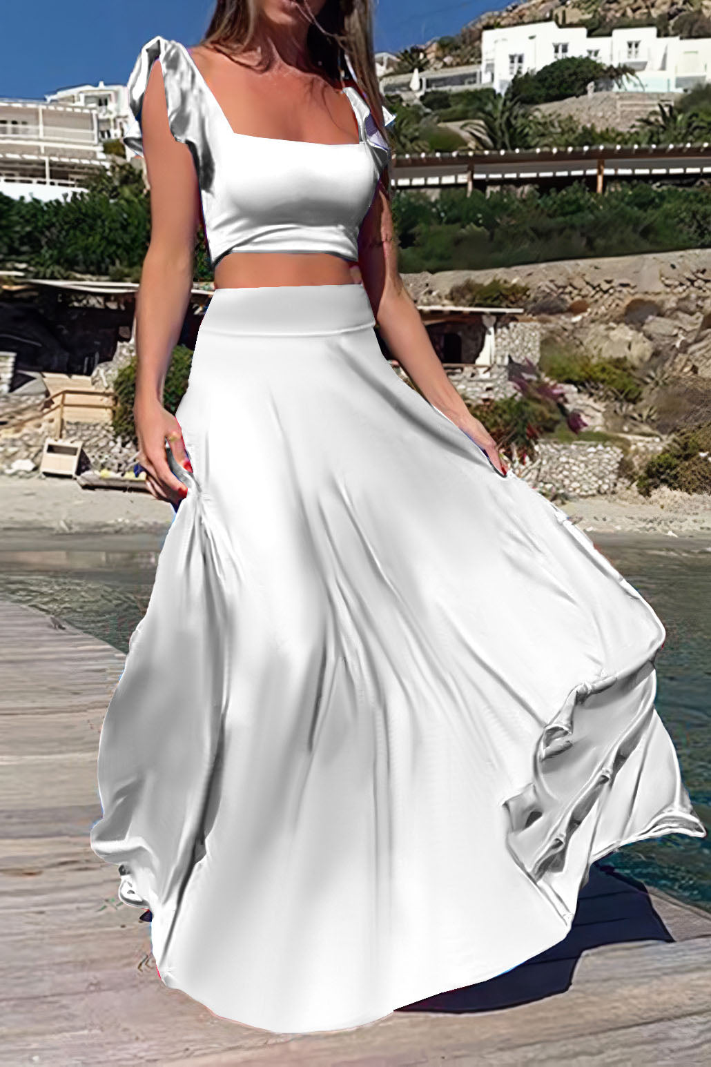 Elastic Solid Color Long Dress Two-Piece Set Lavish Daily