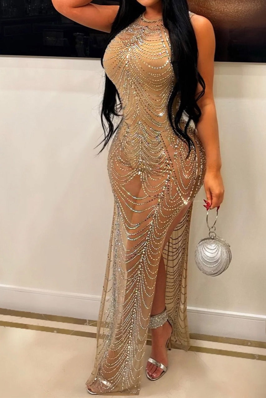 Sheer Rhinestone High Slit Gown Lavish Daily