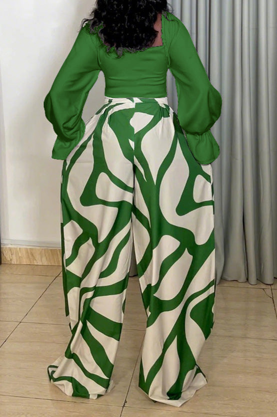 Long Sleeve Top and Printed Wide Leg Pants Set Lavish Daily