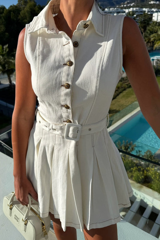 Belted Pleated Denim Mini Dress Sleeveless Lavish Daily