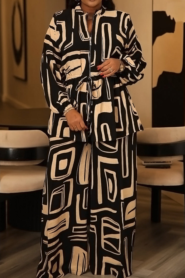 Printed Stand Collar Drawstring Waist 2-Piece Set Lavish Daily