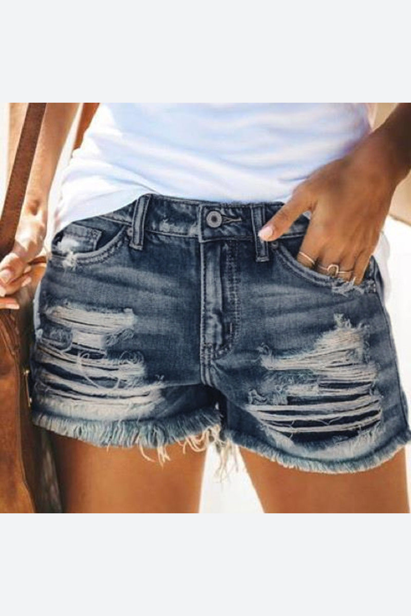 High Waist Frayed Hem Denim Shorts Distressed Lavish Daily