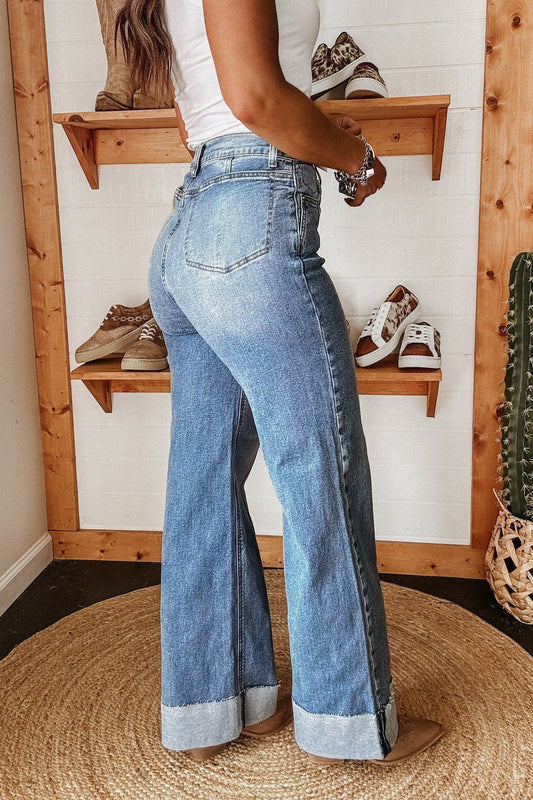 High-Rise Folded Hem Wide Leg Jeans Lavish Daily