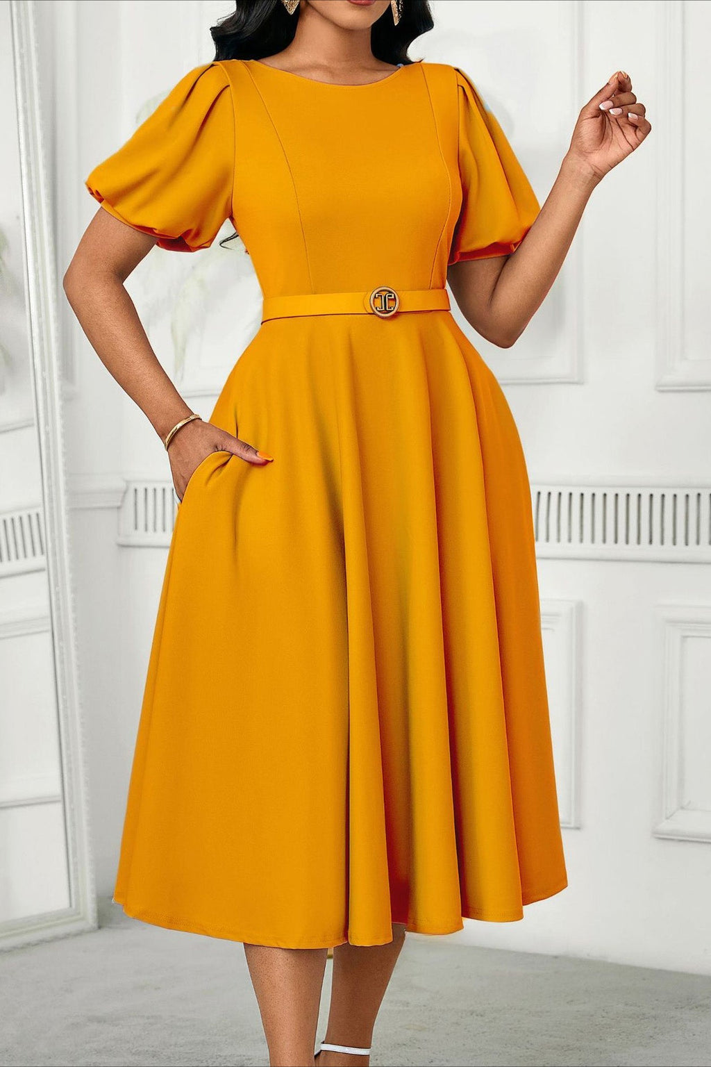 Puff Sleeve High Waist Solid Round Neck Dress Lavish Daily
