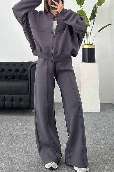Baseball Collar Full Zip Drawstring Pants Set Lavish Daily