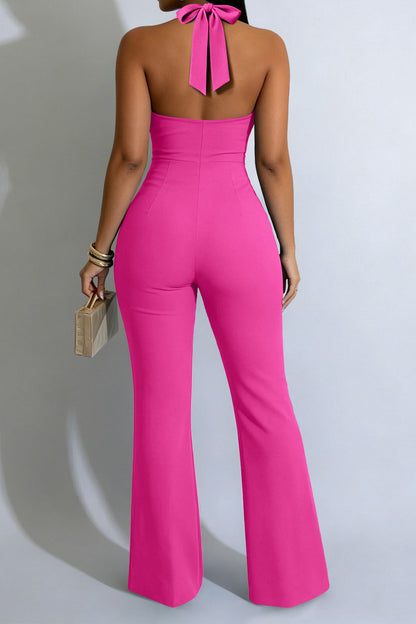 Halter Keyhole Button-Front Flared Jumpsuit Lavish Daily
