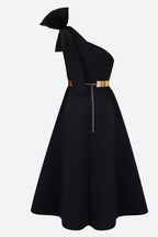 Single Shoulder Bow Detail Flare Midi Dress Lavish Daily