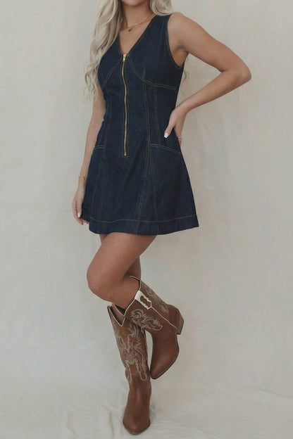 Zip Front Denim Mini Dress Slim Fit Flare Lavish Daily