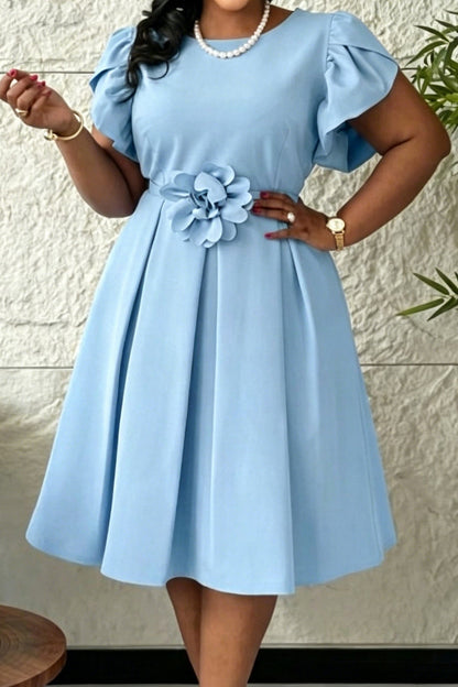 3D Floral Flutter Sleeve Pleated A-Line Midi Dress Lavish Daily