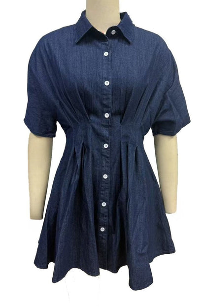 Dark Wash Pleated Waist Denim Mini Dress Lavish Daily