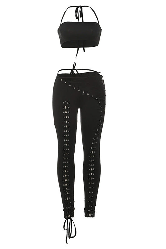 Crop Top and Lace-Up Pants 2-Piece Set Lavish Daily